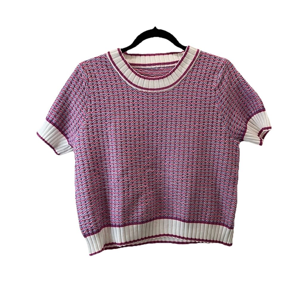 Womens Pink Purple Cream Ribbed Textured Waffle Knit Crop Preppy Top Size XL